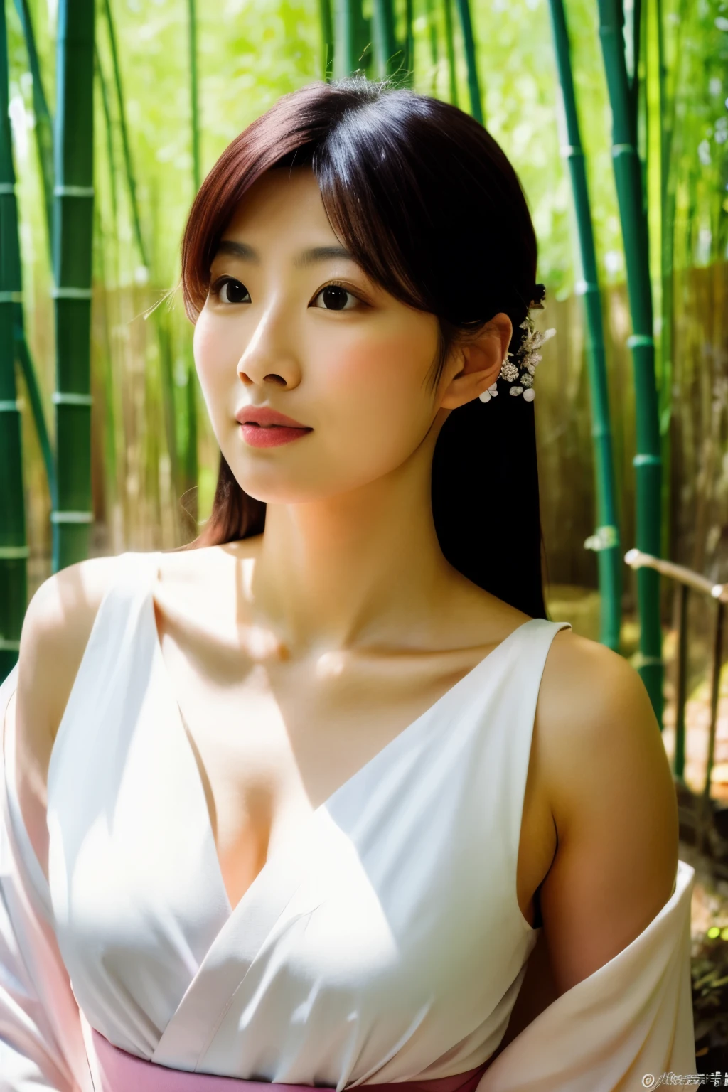 Masterpiece, High quality, High resolution, 8K, Realistic Japan woman in bamboo bushes, beautiful japanese female, goddess of Japan, Beautiful Face, detailed face, detailed eyes, Tie up your hair, Wearing a white wet translucent kimono, Inserting kanzashi, A MILF, Sexy Japanese woman, A 30-year-old woman, Looking at the camera, facing front, face forwards, rain is falling, Beautiful collarbone