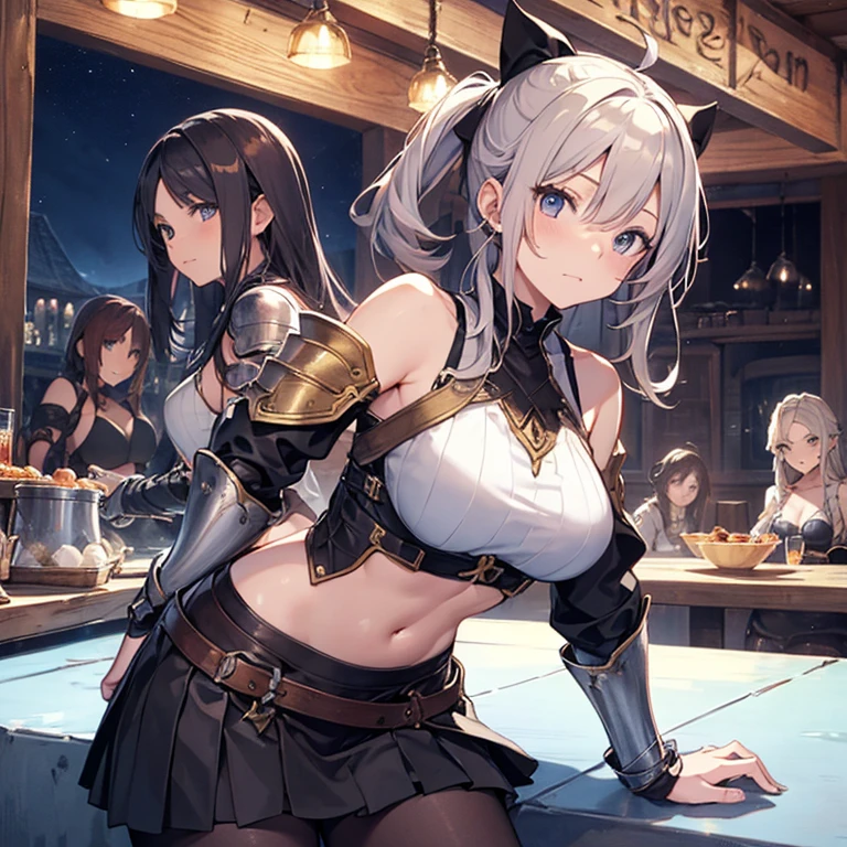 A group of female medieval fantasy adventurers, (in tavern), various hair styles, harem, night, details face, short skirt, seducing, sleeveless, armor, midriff
