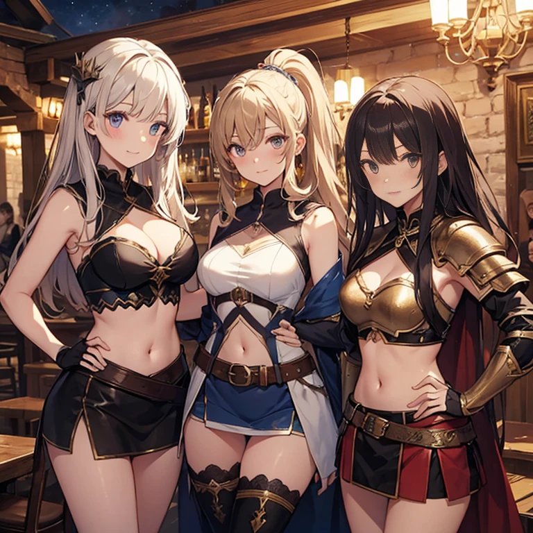 A group of  female medieval fantasy adventurers, (in tavern), various hair styles, harem, night, details face, short skirt, seducing, sleeveless, armor, midriff 