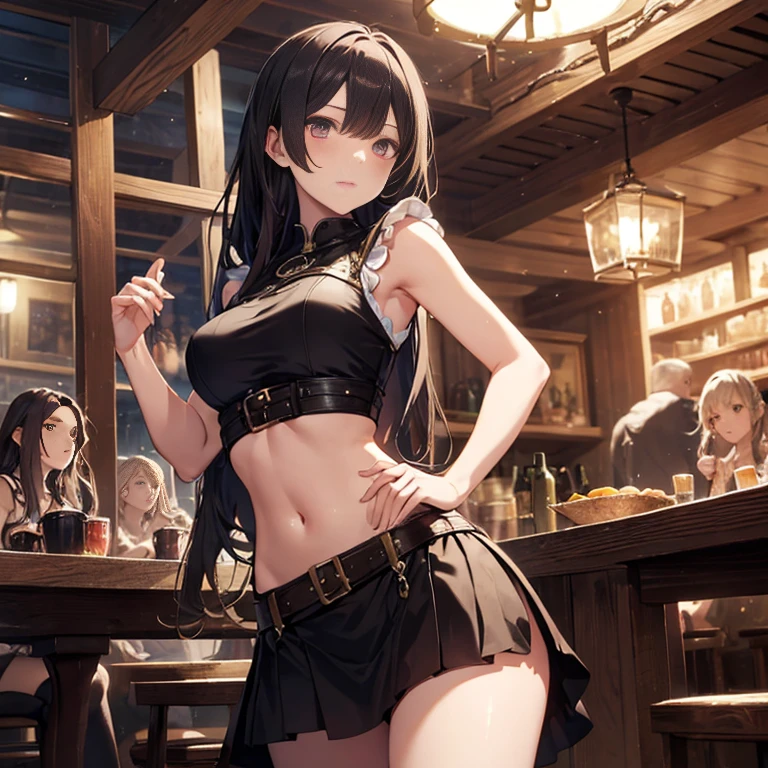 A group of  female medieval fantasy adventurers, (in tavern), various hair styles, harem, night, details face, short skirt, seducing, sleeveless, armor, midriff 