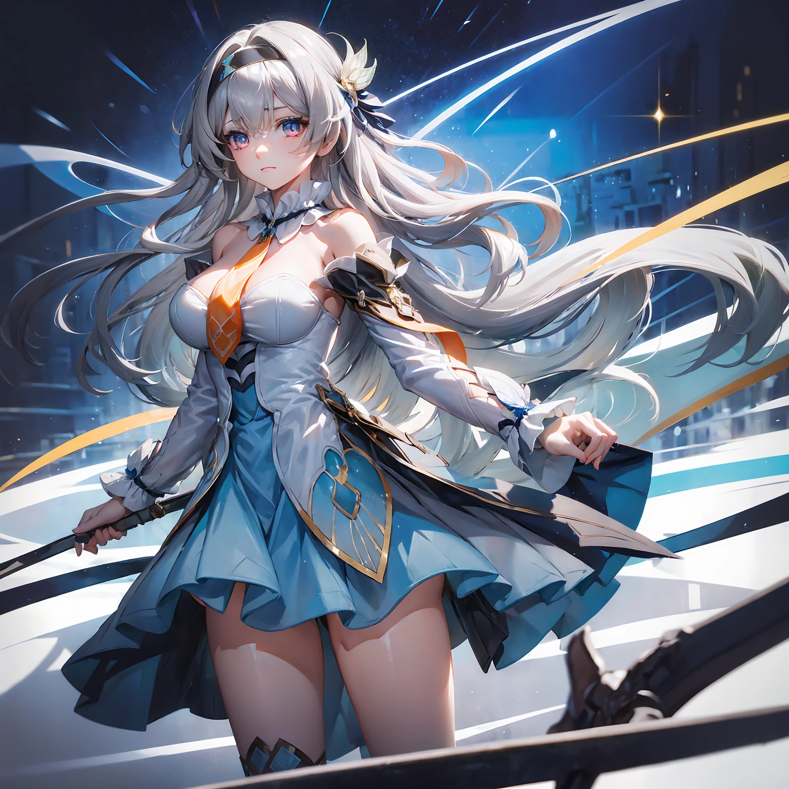 (masterpiece,best quality)best resolusion,2head:1.5,1 girl,firefly character,long gray hair,gray eyes,Head accessories,wearing a blue dress with white on the sleeves and under the chest and black cloth on the shoulders with gold patterns,wearing a two-pronged orange tie,normal breasts,The thighs of the legs are covered with blue cloth with the top edge being white,simple background,HDR,4K,ulta high res,perfect lighting,colored,beautiful face,beautiful hair,beautiful eyes,beautiful body, beautiful hand