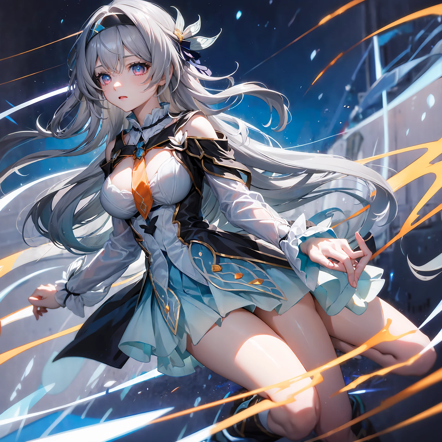 (masterpiece,best quality)best resolusion,2head:1.5,1 girl,firefly character,long gray hair,gray eyes,Head accessories,wearing a blue dress with white on the sleeves and under the chest and black cloth on the shoulders with gold patterns,wearing a two-pronged orange tie,normal breasts,The thighs of the legs are covered with blue cloth with the top edge being white,simple background,HDR,4K,ulta high res,perfect lighting,colored,beautiful face,beautiful hair,beautiful eyes,beautiful body, beautiful hand