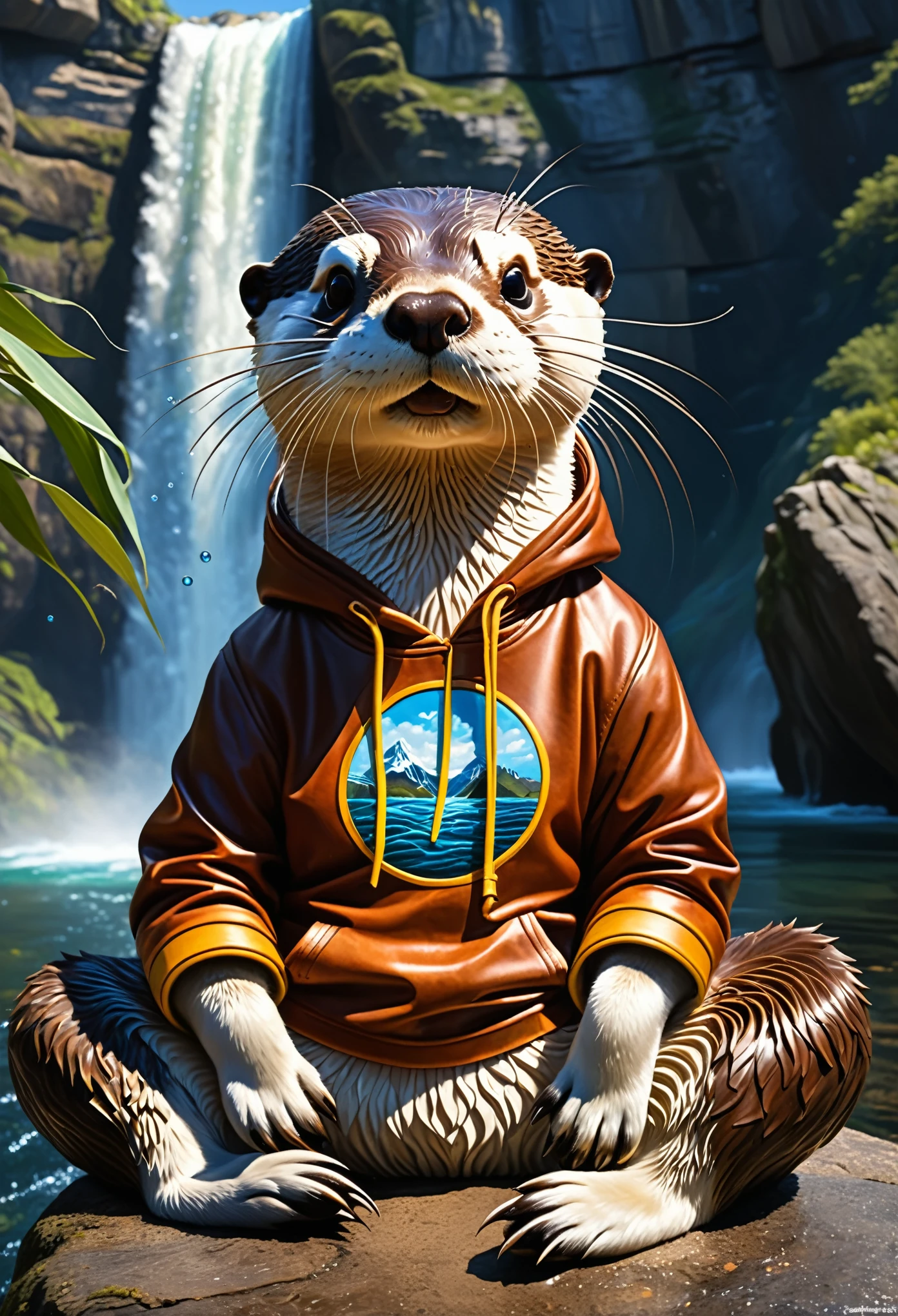 An otter looking at the viewer, pouting with pain in its eyes, is the central focus of the artwork. Its fur is depicted in fine and detailed strokes, capturing its adorable features and natural texture. The otter is wearing sunglasses to shield its eyes from the bright surroundings, while a hoodie and slippers give it a casual and relaxed look. The artwork is set against a backdrop of a majestic waterfall cascading down from towering cliffs. The rushing water creates a sense of movement and energy, adding dynamism to the scene. The splashes of water create a misty atmosphere, adding to the overall ambiance. In the background, a magical vortex emanates vibrant and psychedelic colors, resembling a swirling portal to another dimension. This adds an element of fantasy and enchantment to the artwork, contrasting with the natural scenery. To enhance the overall quality of the image, it should be created with the best quality resolution, such as 4k or 8k, ensuring every detail is visible. The artwork should be ultra-detailed, featuring intricate brushwork and capturing the essence of realism or photorealism. The lighting should be carefully rendered, with studio lighting techniques applied to create a sense of depth and dimension. A broken horn, representing a symbol of vulnerability and resilience, can be included as an additional detail in the composition. The otter is depicted with a chignon hairstyle, adding a touch of elegance and sophistication to its appearance. Floating around the otter, there are colorful bubbles that add a whimsical and playful element to the artwork. These bubbles can be portrayed with a high level of detail and realism, reflecting the surrounding colors and light sources. By incorporating these elements in the prompt, you will help generate a high-quality, detailed, and visually captivating artwork using Stable Diffusion.
