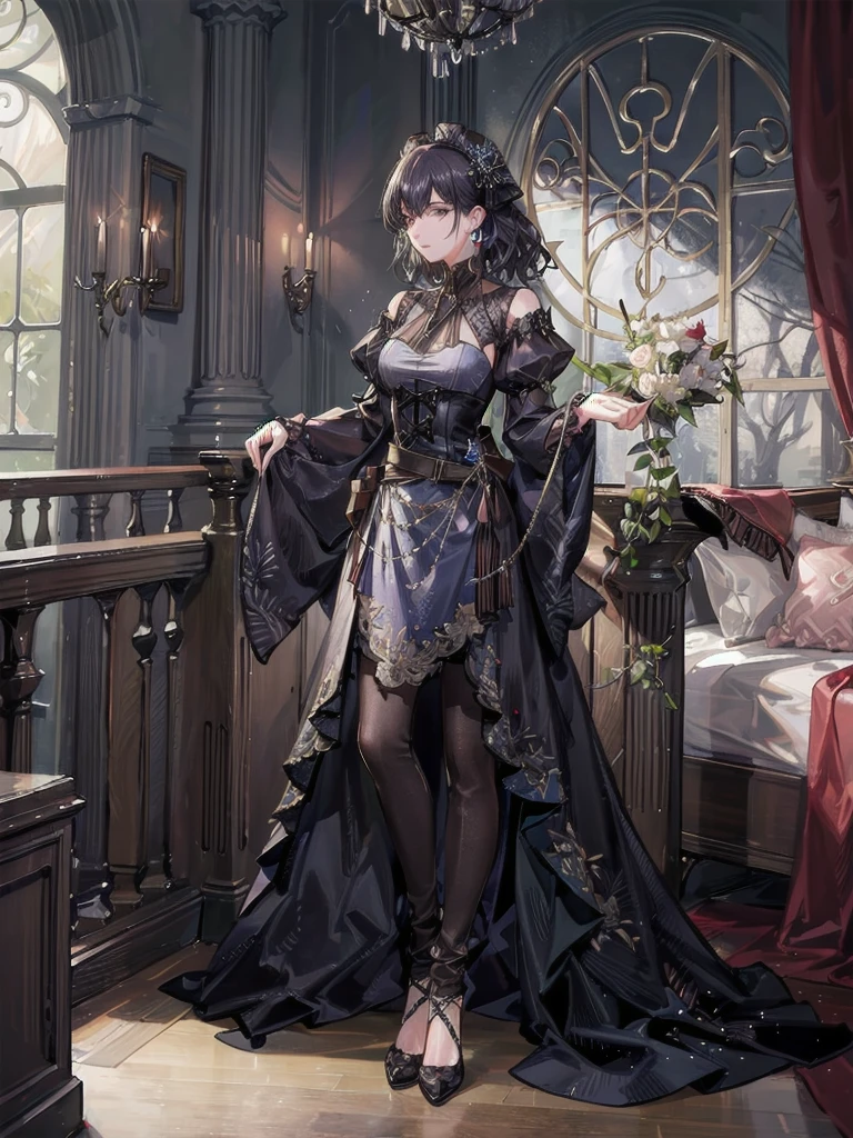 vampire woman, Victorian dress, absurdres, RAW photo, extremely delicate and beautiful, masterpiece, Best Quality, ultra high resolution, 32k, hyperrealistic, ultra-detailed, detailed description, pale skin, 20 years old, tearful mole, earring, short medium hair, wavy hair, full body shot,
