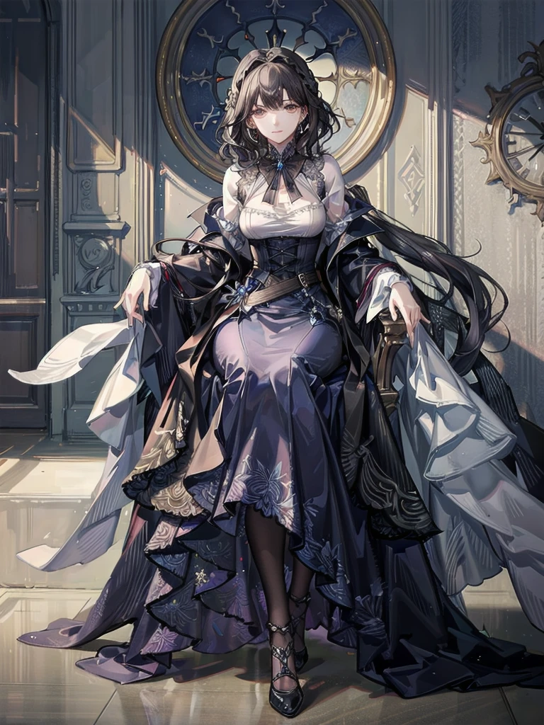 vampire woman, Victorian dress, absurdres, RAW photo, extremely delicate and beautiful, masterpiece, Best Quality, ultra high resolution, 32k, hyperrealistic, ultra-detailed, detailed description, pale skin, 20 years old, tearful mole, earring, short medium hair, wavy hair, full body shot,
