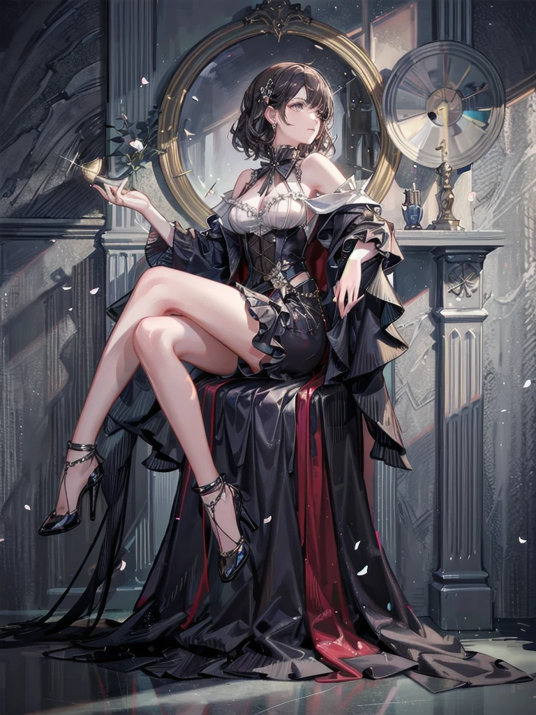vampire woman, Victorian dress, absurdres, RAW photo, extremely delicate and beautiful, masterpiece, Best Quality, ultra high resolution, 32k, hyperrealistic, ultra-detailed, detailed description, pale skin, 20 years old, tearful mole, earring, short medium hair, wavy hair, full body shot,