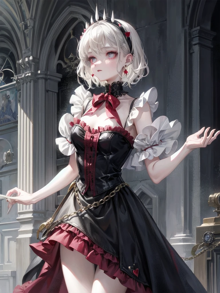 vampire woman, Victorian dress, absurdres, RAW photo, extremely delicate and beautiful, masterpiece, Best Quality, ultra high resolution, 32k, hyperrealistic, ultra-detailed, detailed description, pale skin, 20 years old, tearful mole, earring, short medium hair, wavy hair, full body shot,