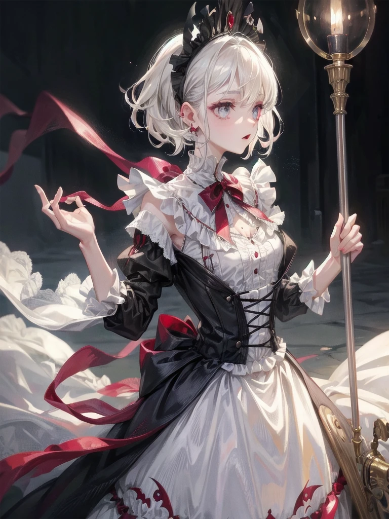vampire woman, Victorian dress, absurdres, RAW photo, extremely delicate and beautiful, masterpiece, Best Quality, ultra high resolution, 32k, hyperrealistic, ultra-detailed, detailed description, pale skin, 20 years old, tearful mole, earring, short medium hair, wavy hair, full body shot,