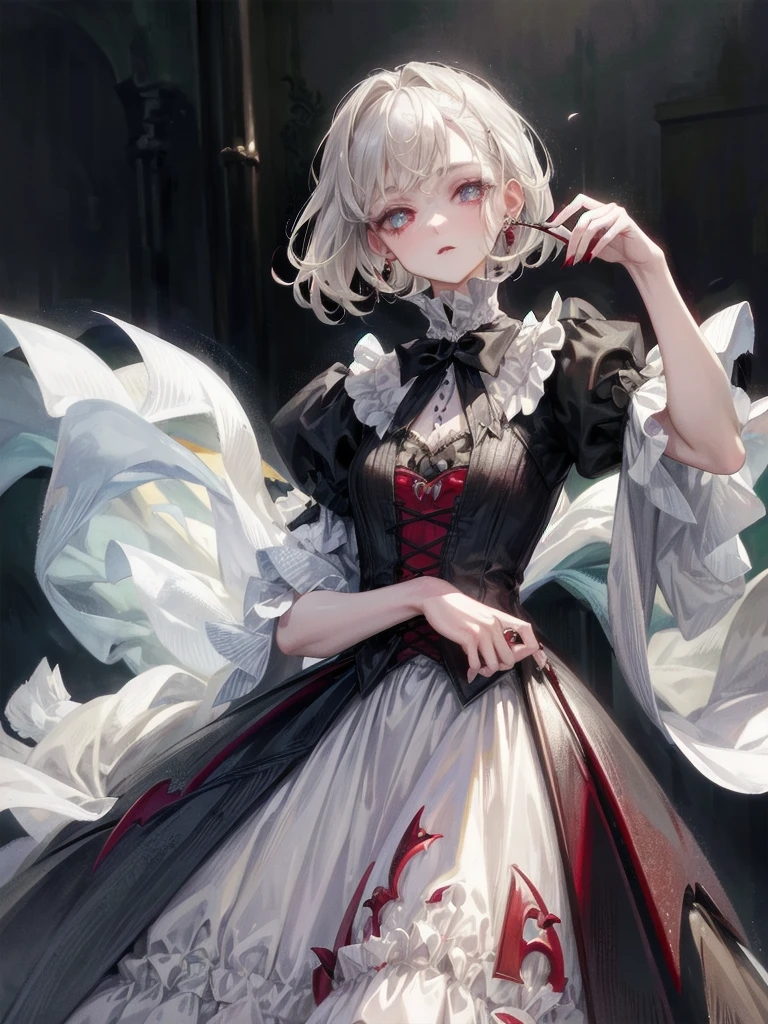 vampire woman, Victorian dress, absurdres, RAW photo, extremely delicate and beautiful, masterpiece, Best Quality, ultra high resolution, 32k, hyperrealistic, ultra-detailed, detailed description, pale skin, 20 years old, tearful mole, earring, short medium hair, wavy hair, full body shot,