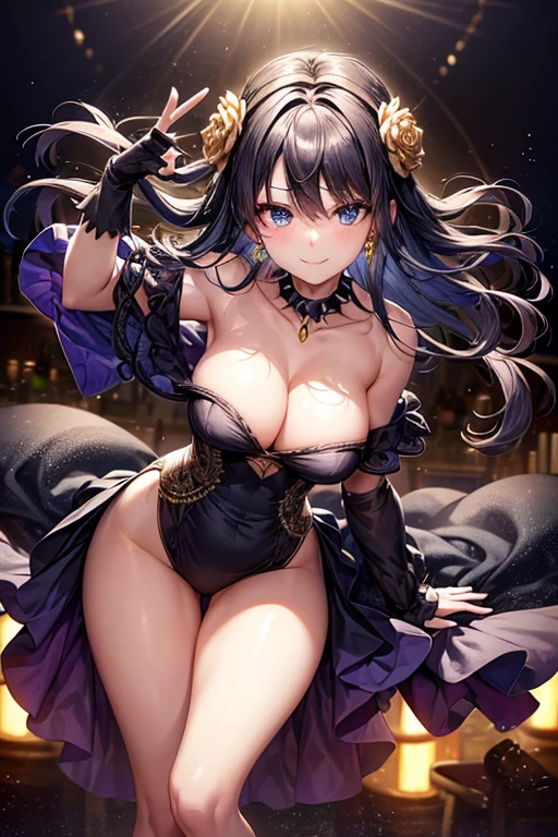 (dynamic angle:1.3, front view:1.1, breast focus:1.3, from below:1.2), (dynamic posing:1.5, sexy posing:1.2, leaning forward), (seductive smiling:1.3), beutiful woman, 1girl,fullbody, happy, (with sparkling eyes and a contagious smile:1.2), red face, closed mouth, beautiful detailed eyes, super detailed skin, backlighting, bare shoulders, black background, black dress, black gloves, black hair, breasts, dress, earrings, fingerless gloves, floating hair, floral print, flower, gloves, gold earrings, gold hairband, hair flower, hair ornament, hairband, holding, holding two-hands knife weapon, jewelry, large breasts, long hair, looking at viewer, off-shoulder dress, off shoulder,blue eyes, short hair with long locks, sidelocks, solo, spikes, thighs, two-sided dress, two-sided fabric, weapon, fighting stance , face, close up, from above, highest quality, high resolution,Real World, Natural light,perfect Natural light,looking at viewer,The bar is beautiful, with colorful bottles of alcohol in the background and a soft glow from neon lights.
