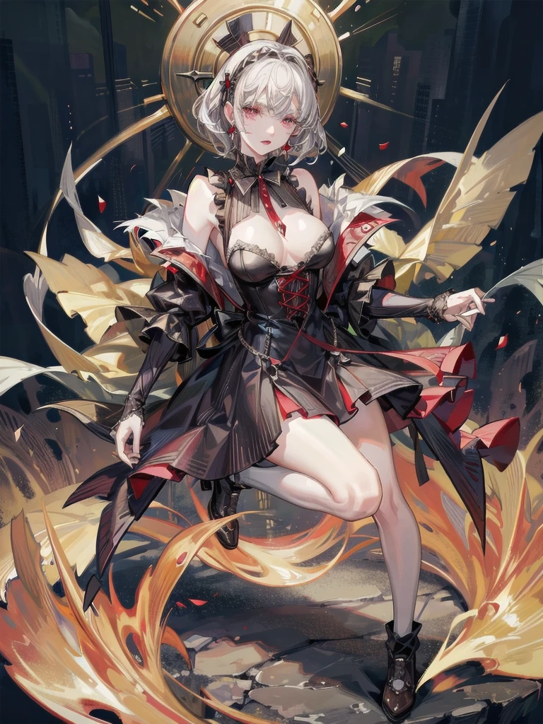 vampire woman, Victorian dress, absurdres, RAW photo, extremely delicate and beautiful, masterpiece, Best Quality, ultra high resolution, 32k, hyperrealistic, ultra-detailed, detailed description, pale skin, 20 years old, tearful mole, earring, short medium hair, wavy hair, full body shot,