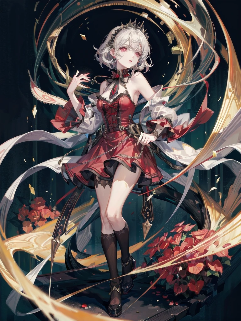 vampire woman, Victorian dress, absurdres, RAW photo, extremely delicate and beautiful, masterpiece, Best Quality, ultra high resolution, 32k, hyperrealistic, ultra-detailed, detailed description, pale skin, 20 years old, tearful mole, earring, short medium hair, wavy hair, full body shot,