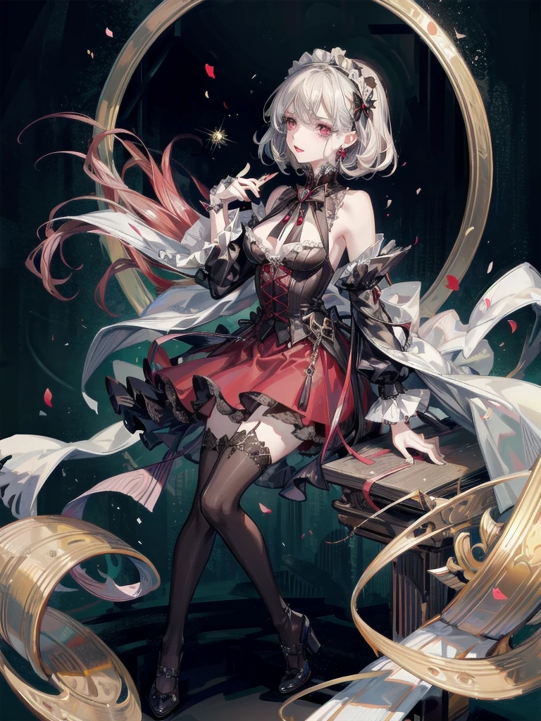 vampire woman, Victorian dress, absurdres, RAW photo, extremely delicate and beautiful, masterpiece, Best Quality, ultra high resolution, 32k, hyperrealistic, ultra-detailed, detailed description, pale skin, 20 years old, tearful mole, earring, short medium hair, wavy hair, full body shot,