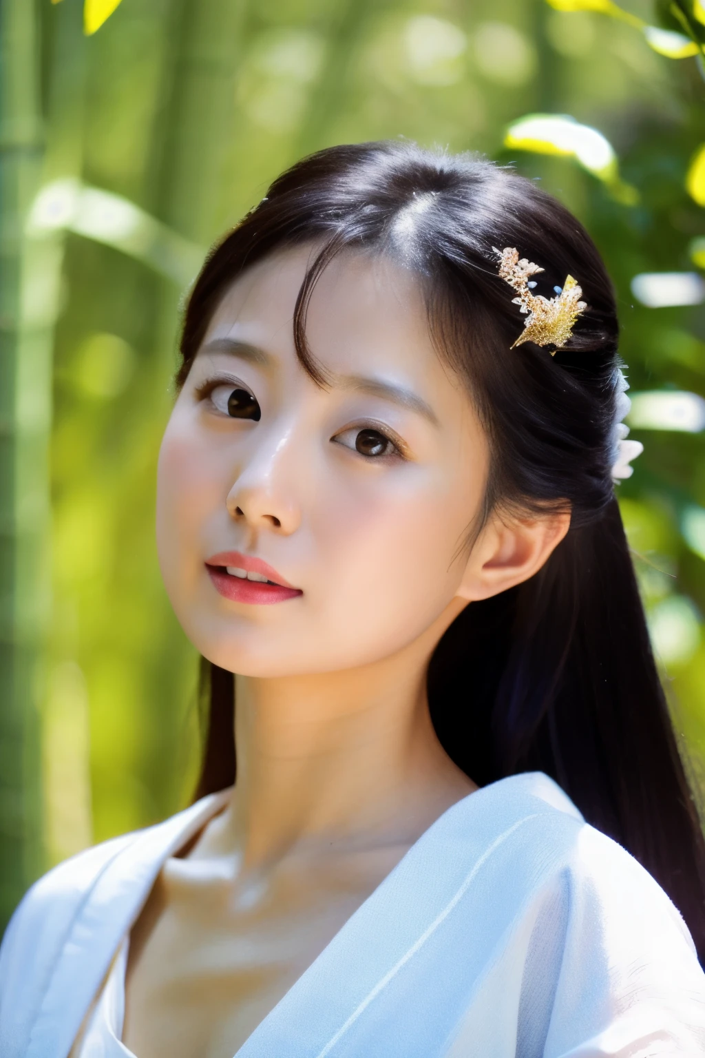 Masterpiece, High quality, High resolution, 8K, Realistic Japan woman in bamboo bushes, beautiful japanese female, goddess of Japan, Beautiful Face, detailed face, detailed eyes, Tie up your hair, Wearing a white wet translucent kimono, Inserting kanzashi, A MILF, Sexy Japanese woman, A 30-year-old woman, Looking at the camera, facing front, face forwards, rain is falling, Beautiful collarbone