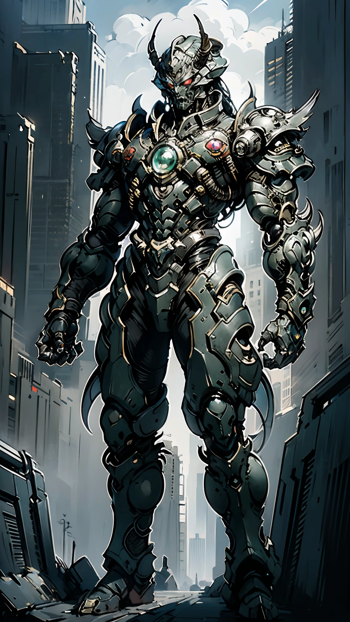A man wearing a full-face helmet, a fantasy-style biotech armored combat suit, green eyes, (a composite layered chest armor), fully enclosed shoulder guards, matching arm and leg guards, the belt is adorned with Beetle-shaped gem, (the color scheme is primarily black with red accents), the design balances heavy with agility, a high-tech bio-mecha armor, (Armor Concept Inspired by Dynastinae, stand on the top of a skyscraper in a futuristic sci-fi city), this character embodies a finely crafted fantasy-surreal style armored hero in anime style, exquisite and mature manga art style, (element, plasma, energy, the armor glows), ((male:1.5)), metallic, real texture material, dramatic, high definition, best quality, highres, ultra-detailed, ultra-fine painting, extremely delicate, professional, perfect body proportions, golden ratio, anatomically correct, symmetrical face, extremely detailed eyes and face, high quality eyes, creativity, RAW photo, UHD, 32k, Natural light, cinematic lighting, masterpiece-anatomy-perfect, masterpiece:1.5