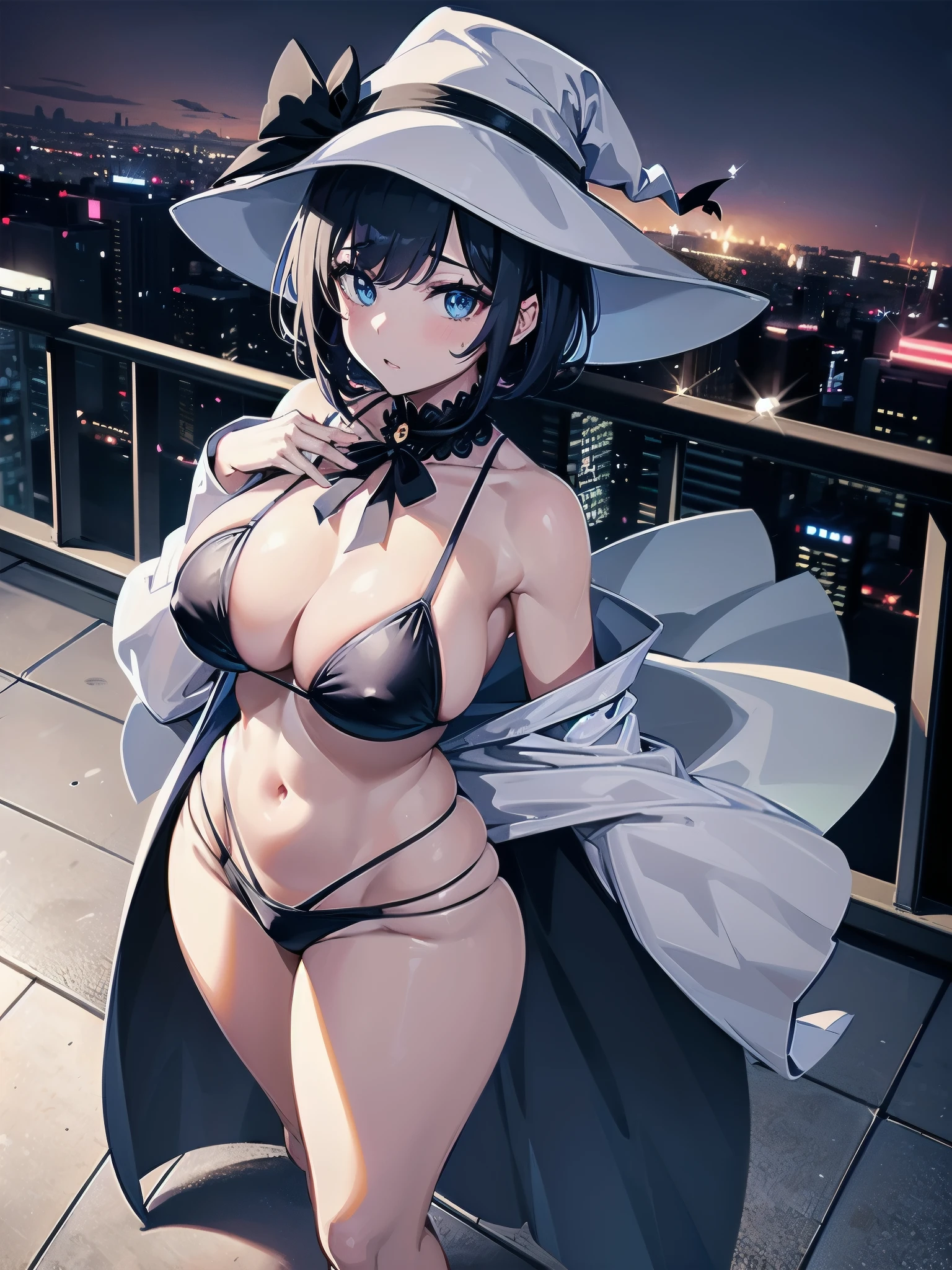 A girl stands on the rooftop of a high-rise building with a panoramic view of late-night Tokyo below.、She has a short bob with a white lob of hair and wears a large black witch hat with sapphire jewelry.、A high school student wearing a navy blue bikini-type swimsuit with a white ribbon、She wears a large witch's hat with a small sapphire accessory、A few star creams、Beautiful starry sky、Beautiful night view、large witch's hat 、Navy blue bikini pants that dig into your stomach、Small breasts、Small breasts、Navy blue swimsuit top with white frills、I see my stomach、The area around the stomach is bare skin.、Belly button、Halterneck bikini、She is wearing hot pants、