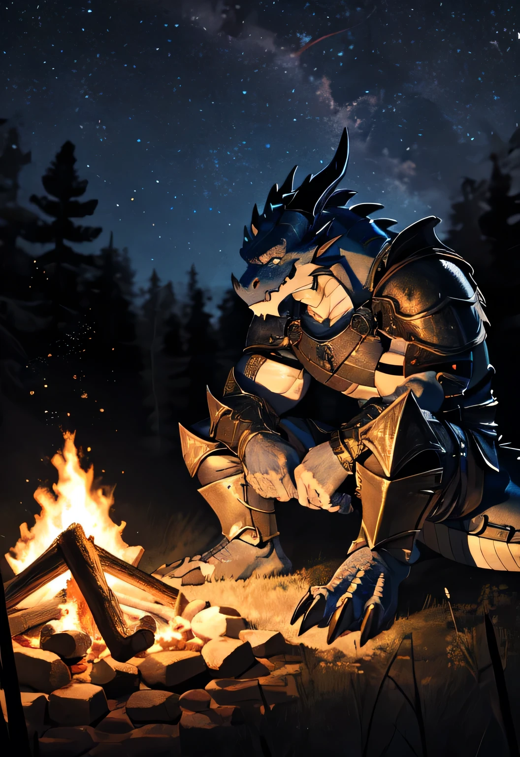 Solitary, Beast field, (dragon), anthropology, male, ((black body)), scale, Tail, muscle, Handsome, armor, middle Ages, fantasy, outdoor, external, dark, night, forest, campfire, camp, Star, sitting, Claws, epic, Depth of Field, Perfect lighting, (Light Particles),(best quality),(masterpiece),(ultra deTailed),Clear focus,Light Particles