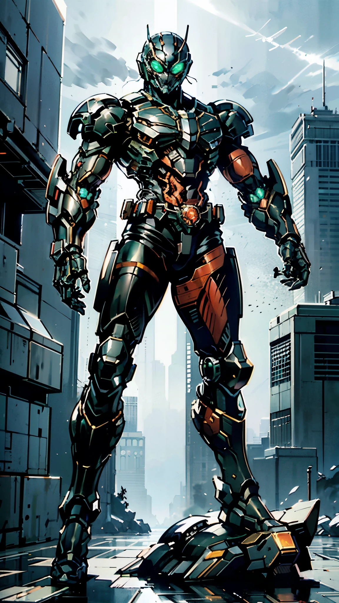 A man wearing a full-face helmet, a fantasy-style biotech armored combat suit, green eyes, (a composite layered chest armor), fully enclosed shoulder guards, matching arm and leg guards, the belt is adorned with Beetle-shaped gem, (the color scheme is primarily black with red accents), the design balances heavy with agility, a high-tech bio-mecha armor, (Armor Concept Inspired by Dynastinae, stand on the top of a skyscraper in a futuristic sci-fi city), this character embodies a finely crafted fantasy-surreal style armored hero in anime style, exquisite and mature manga art style, (element, plasma, energy, the armor glows), ((male:1.5)), metallic, real texture material, dramatic, high definition, best quality, highres, ultra-detailed, ultra-fine painting, extremely delicate, professional, perfect body proportions, golden ratio, anatomically correct, symmetrical face, extremely detailed eyes and face, high quality eyes, creativity, RAW photo, UHD, 32k, Natural light, cinematic lighting, masterpiece-anatomy-perfect, masterpiece:1.5