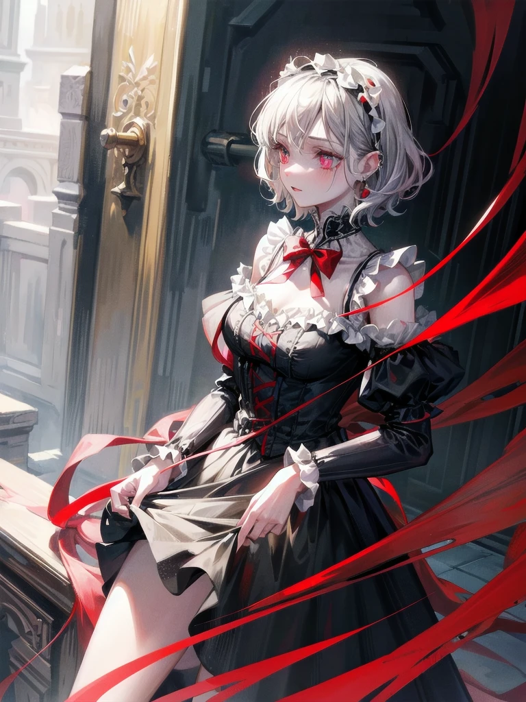 vampire woman, Victorian dress, absurdres, RAW photo, extremely delicate and beautiful, masterpiece, Best Quality, ultra high resolution, 32k, hyperrealistic, ultra-detailed, detailed description, pale skin, 20 years old, tearful mole, earring, short medium hair, wavy hair, full body shot,