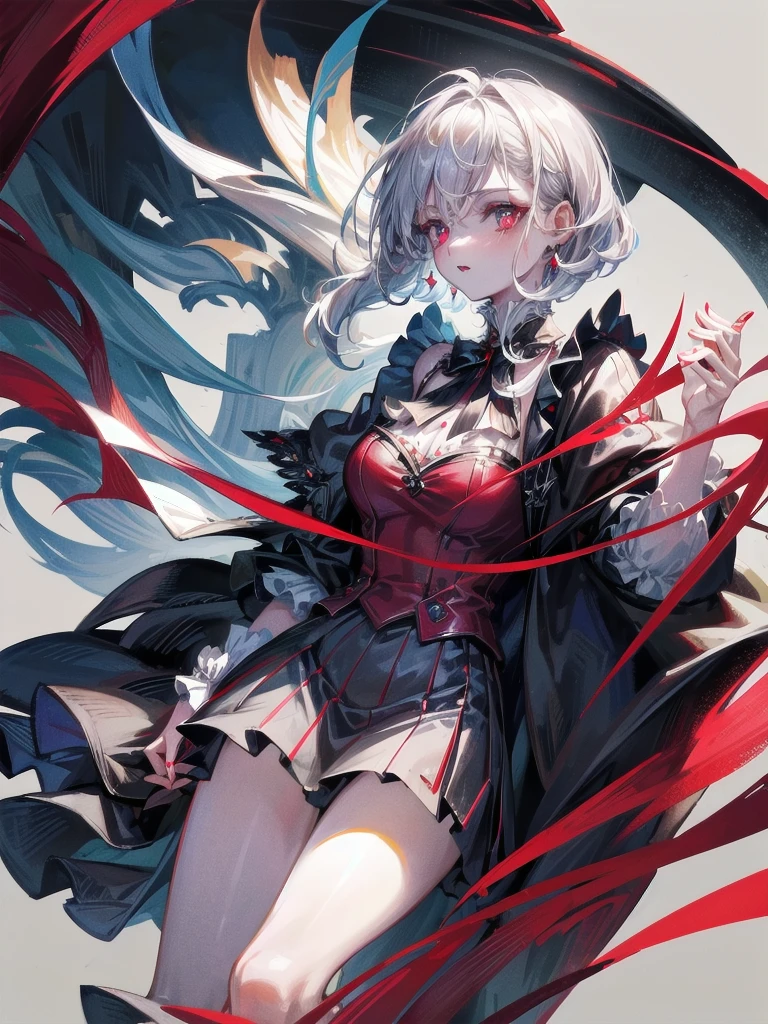 vampire woman, Victorian dress, absurdres, RAW photo, extremely delicate and beautiful, masterpiece, Best Quality, ultra high resolution, 32k, hyperrealistic, ultra-detailed, detailed description, pale skin, 20 years old, tearful mole, earring, short medium hair, wavy hair, full body shot,