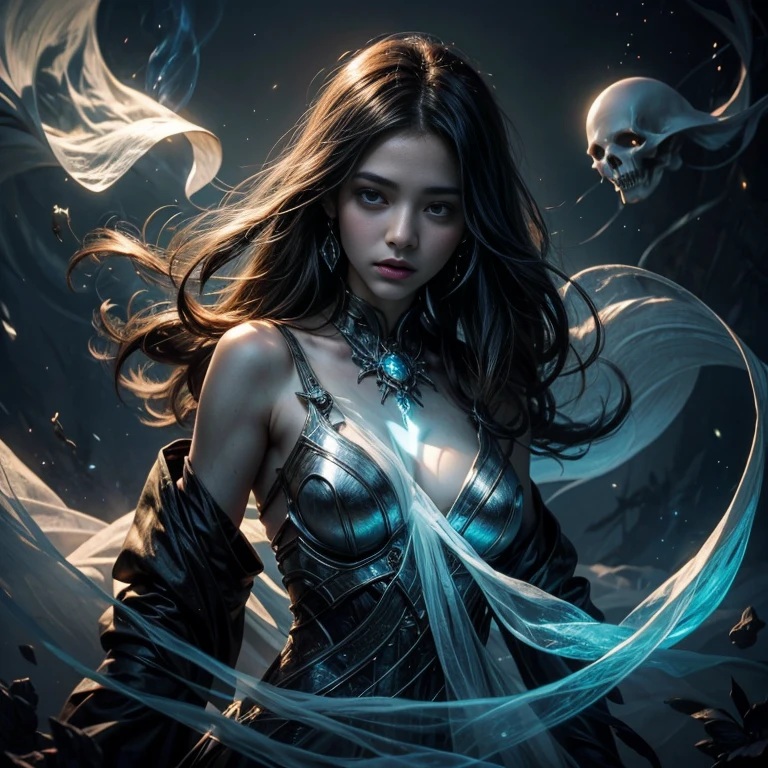 A girl that has glowing blue eyes, a skeletal face with intricate designs, long wavy black hair, a hooded cloak with glowing edges, (nude:0.8),  metallic armor covering her torso, a corset-like design with circular patterns, glowing blue and orange lights embedded in her outfit, mechanical accessories around her waist, a confident stance with one arm raised, holding a small glowing skull, a mystical aura with swirling light effects, set in a dark, ethereal environment with floating particles, and an overall appearance of a futuristic sorceress, detailed gorgeous face| anime style| key visual| intricate detail| highly detailed| breathtaking| vibrant| panoramic| cinematic| Carne Griffiths| Conrad Roset| gibbli 8k.