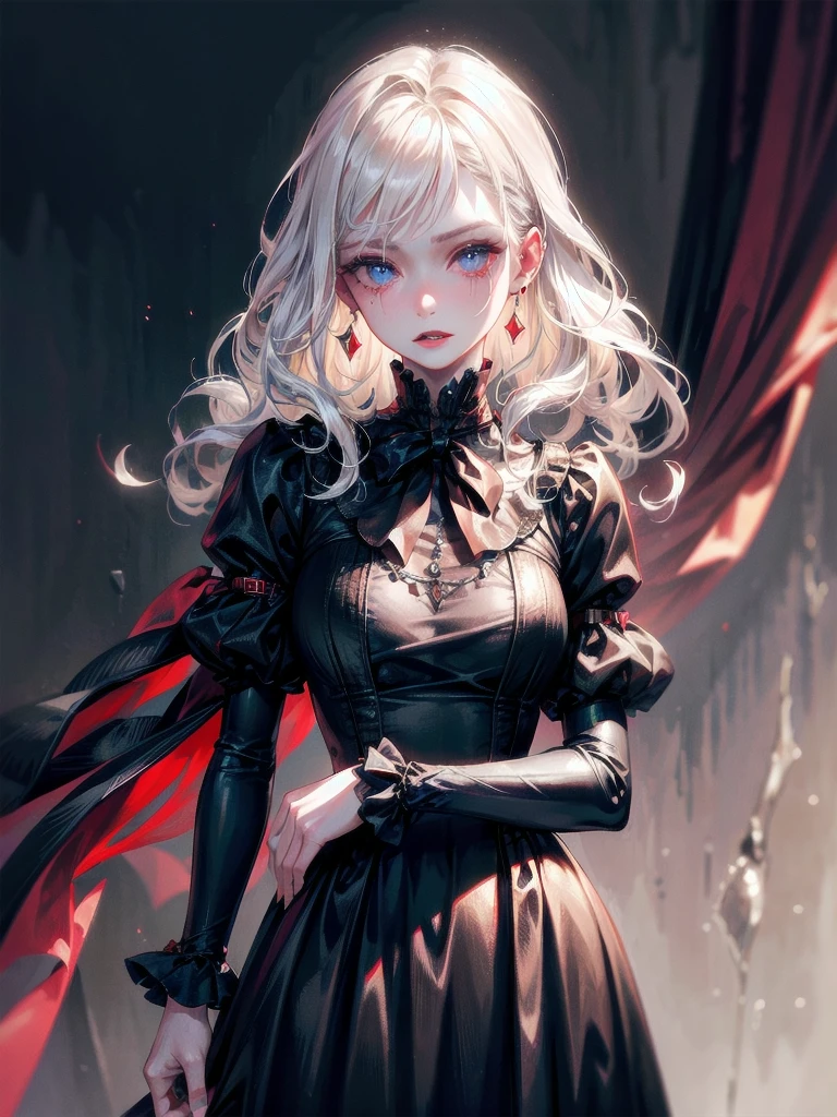 vampire woman, Victorian dress, absurdres, RAW photo, extremely delicate and beautiful, masterpiece, Best Quality, ultra high resolution, 32k, hyperrealistic, ultra-detailed, detailed description, pale skin, 20 years old, tearful mole, earring, short medium hair, wavy hair, full body shot,
