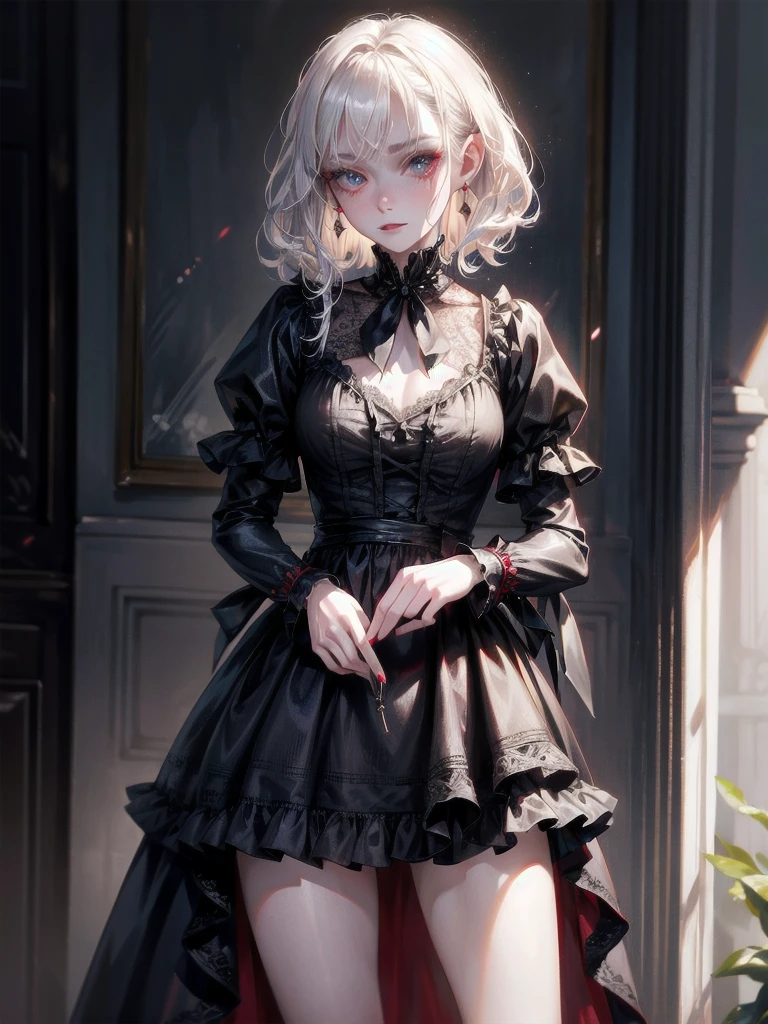 vampire woman, Victorian dress, absurdres, RAW photo, extremely delicate and beautiful, masterpiece, Best Quality, ultra high resolution, 32k, hyperrealistic, ultra-detailed, detailed description, pale skin, 20 years old, tearful mole, earring, short medium hair, wavy hair, full body shot,