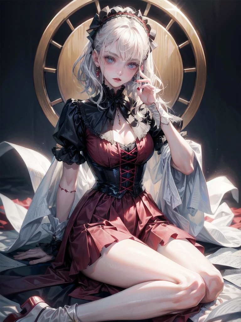 vampire woman, Victorian dress, absurdres, RAW photo, extremely delicate and beautiful, masterpiece, Best Quality, ultra high resolution, 32k, hyperrealistic, ultra-detailed, detailed description, pale skin, 20 years old, tearful mole, earring, short medium hair, wavy hair, full body shot,