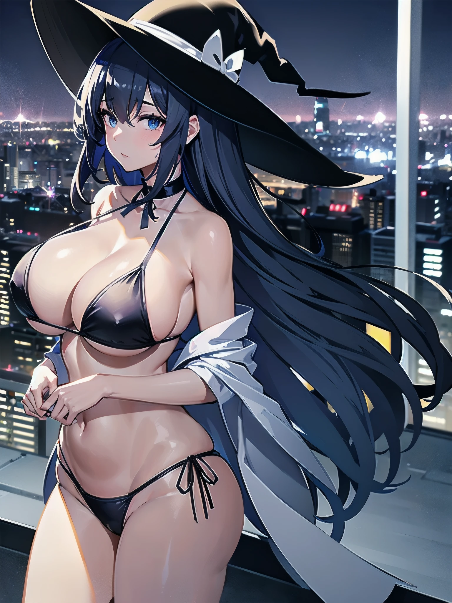 A girl stands on the rooftop of a high-rise building with a panoramic view of late-night Tokyo below.、She has a short bob with a white lob of hair and wears a large black witch hat with sapphire jewelry.、A high school student wearing a navy blue bikini-type swimsuit with a white ribbon、She wears a large witch&#39;s hat with a small sapphire accessory、A few star creams、Beautiful starry sky、Beautiful night view、large witch's hat 、Navy blue bikini pants that dig into your stomach、Small breasts、Small breasts、Navy blue swimsuit top with white frills、I see my stomach、The area around the stomach is bare skin.、Belly button、Halterneck bikini、She is wearing hot pants、