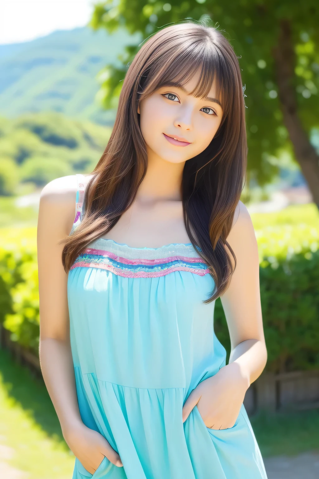 masterpiece,Captivate:1.5,The biggest attraction for girls,high resolution,high quality)、Nature、Summer clothes、 ((Realistic Japanese、19 years old))、Sparkle in the eyes、valley:1.3,gravure、