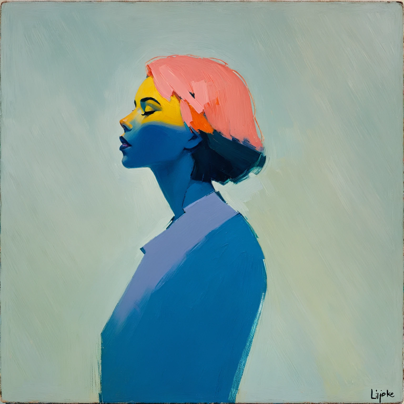 Create an evocative oil painting inspired by Malcolm Liepke, based on the provided image. Capture the intense, introspective expression of the young subject using thick, expressive brushstrokes and a muted color palette. Highlight the emotional depth and vulnerability in the subject's gaze, emphasizing the play of light and shadow on their face. Maintain a simple, textured background that complements the subject's contemplative presence. Focus on the tactile quality of the oil paint to convey the raw emotion and intimacy characteristic of Liepke's style.