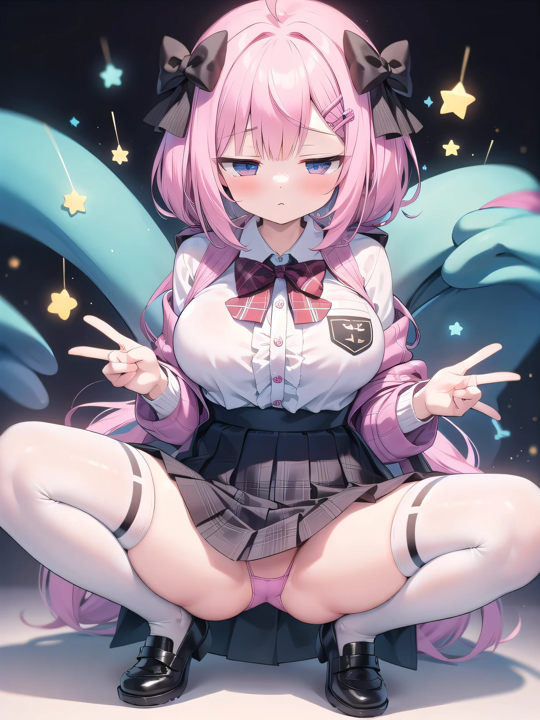 Pink Panties,Big breasts with legs spread,High Resolution 1girl Ahoge Bobby_pin bow bowtie braid brOwn_目s collared_shirt dojikko_Temporarily stop_shirt frilled_shirt_Color Free Joint_skirt frills hair_bow hair_ornament hairpin hand_in addition_Own_head, heart, heart_hair_Decorative hood_jacket jacket lin additiong_Pentagon Pink_hair plaid plaid_Ribbon Check_Pleated skirt_skirt shirt shoelaces shoes simple_background sitting skirt solo star_(symbol) twin_Braided Warisa White_Background bus stop_Knee socks, whole body