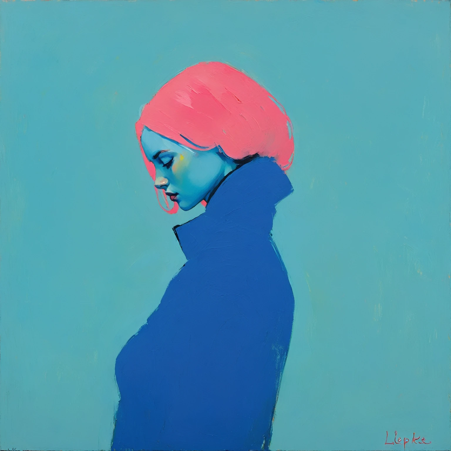 Create an evocative oil painting inspired by Malcolm Liepke, based on the provided image. Capture the intense, introspective expression of the young subject using thick, expressive brushstrokes and a muted color palette. Highlight the emotional depth and vulnerability in the subject's gaze, emphasizing the play of light and shadow on their face. Maintain a simple, textured background that complements the subject's contemplative presence. Focus on the tactile quality of the oil paint to convey the raw emotion and intimacy characteristic of Liepke's style.