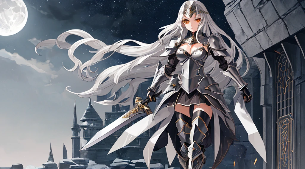 Girl with long silver hair, golden eyes, silver forehead protector, black armor, chest, cleavage, iron armor skirt, iron boots, long sword, night sky, moon