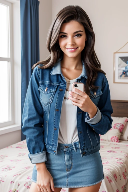 cute youthful brunette with long eyelashes and warm smile takes a selfie in her room wearing a denim jacket,uhd,good quality image,photorealistic,hyper-realistic.8k