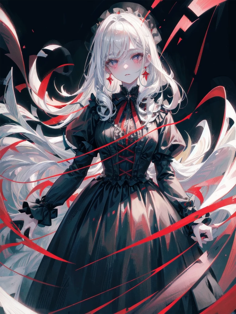 vampire woman, Victorian dress, absurdres, RAW photo, extremely delicate and beautiful, masterpiece, Best Quality, ultra high resolution, 32k, hyperrealistic, ultra-detailed, detailed description, pale skin, 20 years old, tearful mole, earring, short medium hair, wavy hair, full body shot,