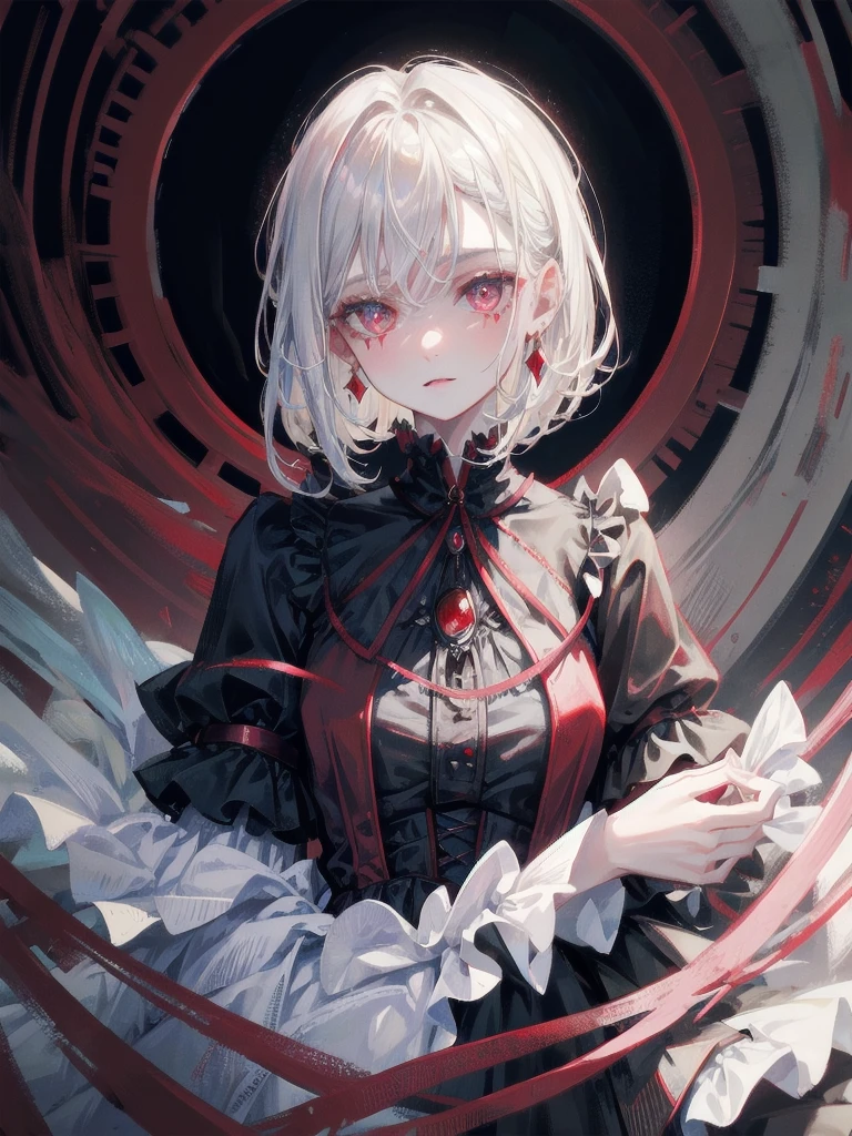vampire woman, Victorian dress, absurdres, RAW photo, extremely delicate and beautiful, masterpiece, Best Quality, ultra high resolution, 32k, hyperrealistic, ultra-detailed, detailed description, pale skin, 20 years old, tearful mole, earring, short medium hair, wavy hair, full body shot,