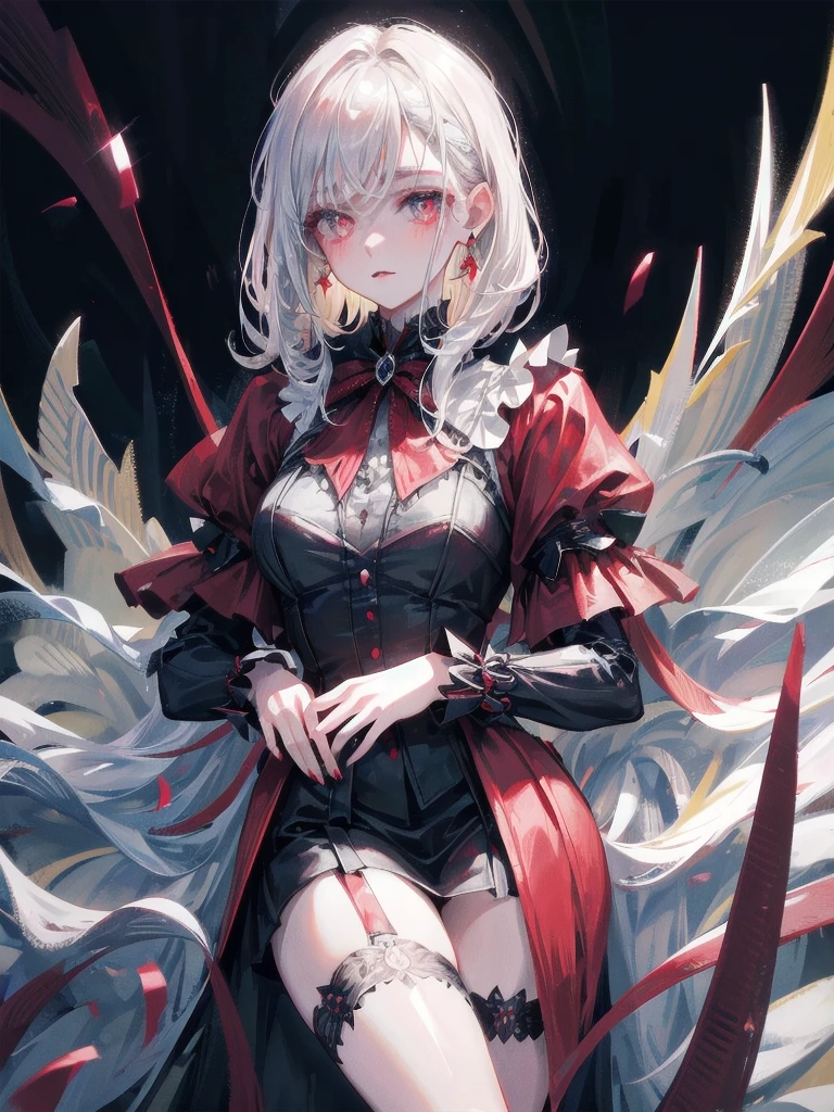 vampire woman, Victorian dress, absurdres, RAW photo, extremely delicate and beautiful, masterpiece, Best Quality, ultra high resolution, 32k, hyperrealistic, ultra-detailed, detailed description, pale skin, 20 years old, tearful mole, earring, short medium hair, wavy hair, full body shot,