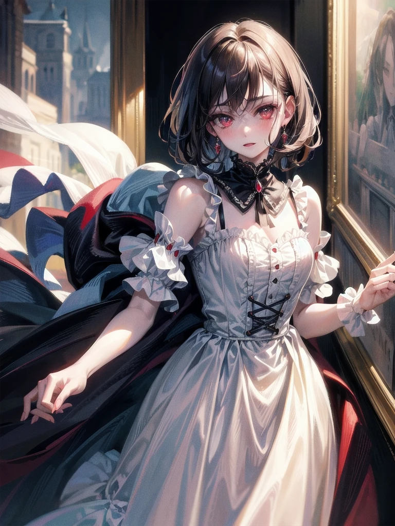 vampire woman, Victorian dress, absurdres, RAW photo, extremely delicate and beautiful, masterpiece, Best Quality, ultra high resolution, 32k, hyperrealistic, ultra-detailed, detailed description, pale skin, 20 years old, tearful mole, earring, short medium hair, wavy hair, full body shot,