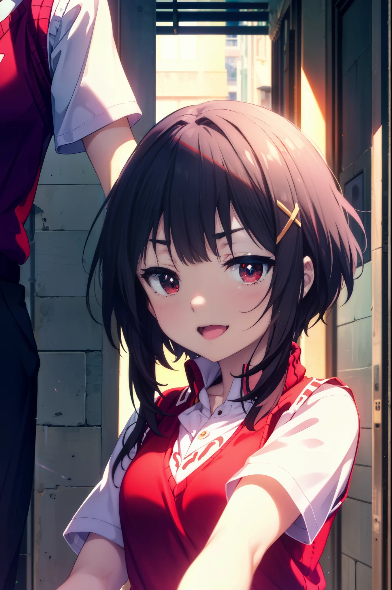konosubaMegumin, Megumin, short hair, Black Hair, (Red eyes:1.3), short hair with long locks,happy smile, smile, Open your mouth,
White Sailor Suit,Short sleeve,Sweater vest, (red Sweater vest:1.5),White Thailand,black pleated skirt,White pantyhose,Black Loafers,whole bodyがイラストに入るように,morning,morning陽,The sun is rising,Walking,
break outdoor, In town,Building district,crowd, people々々々,
break looking at viewer, whole body,
break (masterpiece:1.2), highest quality, High resolution, unity 8k wallpaper, (shape:0.8), (Beautiful and beautiful eyes:1.6), Highly detailed face, Perfect lighting, Extremely detailed CG, (Perfect hands, Perfect Anatomy),