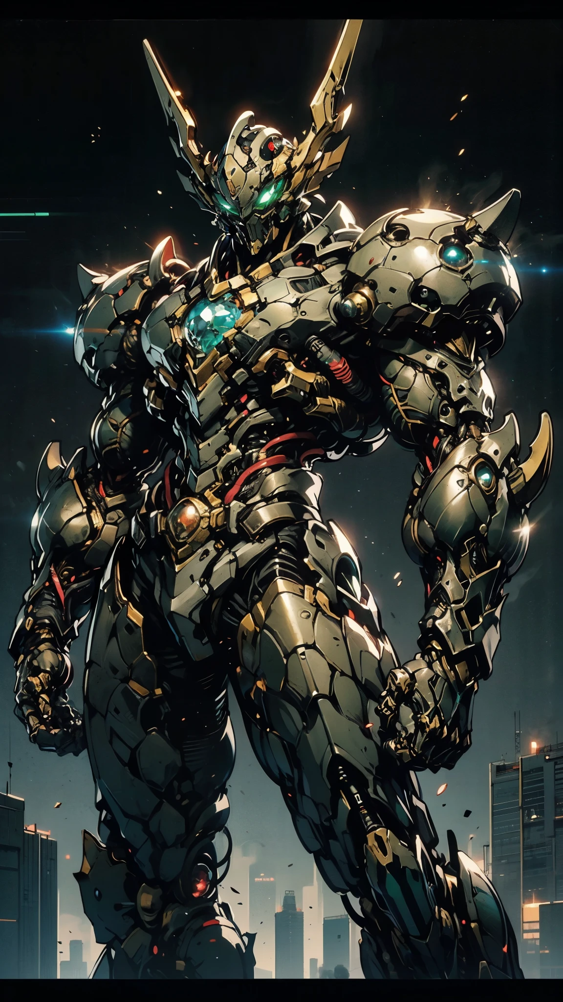 A man wearing a full-face helmet, a fantasy-style biotech armored combat suit, green eyes, (a composite layered chest armor), fully enclosed shoulder guards, matching arm and leg guards, the belt is adorned with Beetle-shaped gem, (the color scheme is primarily black with red accents), the design balances heavy with agility, a high-tech bio-mecha armor, (Armor Concept Inspired by Dynastinae, stand on the top of a skyscraper in a futuristic sci-fi city), this character embodies a finely crafted fantasy-surreal style armored hero in anime style, exquisite and mature manga art style, (element, plasma, energy, the armor glows), ((male:1.5)), metallic, real texture material, dramatic, high definition, best quality, highres, ultra-detailed, ultra-fine painting, extremely delicate, professional, perfect body proportions, golden ratio, anatomically correct, symmetrical face, extremely detailed eyes and face, high quality eyes, creativity, RAW photo, UHD, 32k, Natural light, cinematic lighting, masterpiece-anatomy-perfect, masterpiece:1.5