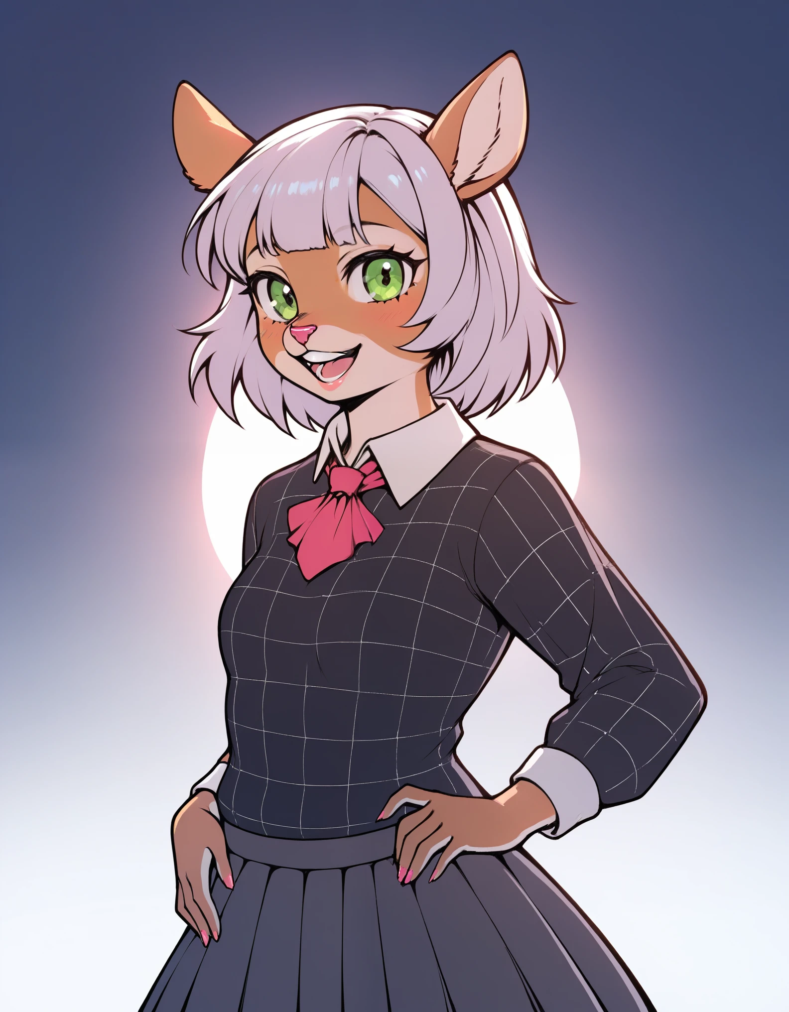 score_9, score_8_up, score_7_up, score_6_up, source_cartoon, noelle, furry female anthro, deer girl, teeth, standing, portrait, skirt, checkered sweater, solo, (body fur:1.2), (best quality), (abstract background:1.2), small breasts, dramatic lighting, (detailed fluffy fur:1.1), looking at viewer, smile, open mouth, 