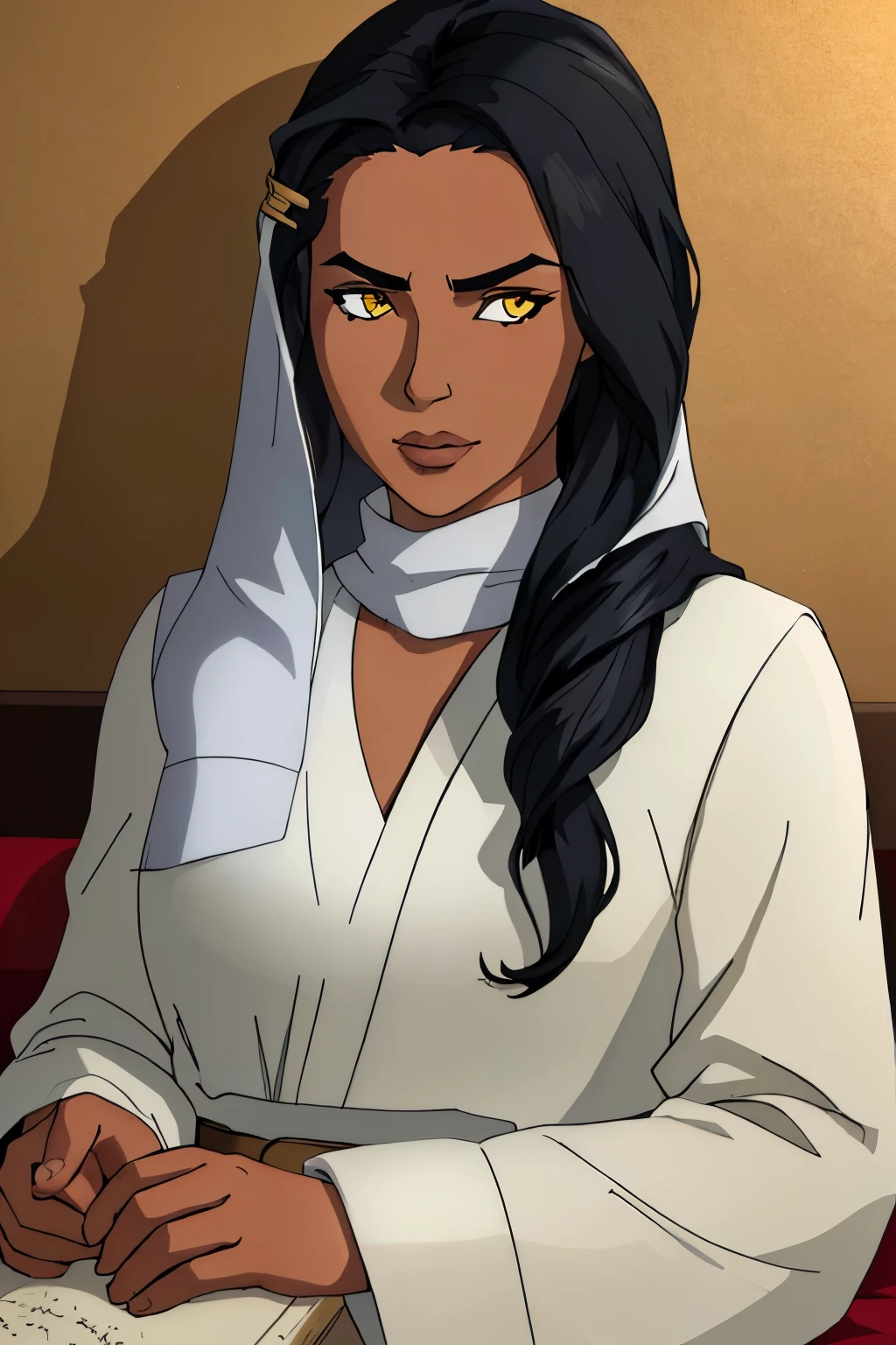 close up 1girl in, Solo, 25 years old, arabic girl, black hair, black skin, tanned skin, black girl, dark skin, yellow eyes, big nose, arabic, detailed skin, serious face, (wearing casual clothes, arabic clothes), (detailed living room background:1.1), chilling, 4k textures, soft light, elegant, highly detailed, sharp focus, soothing tones, insane details, intricate details, hyperdetailed, low contrast, exposure blend, hdr, faded