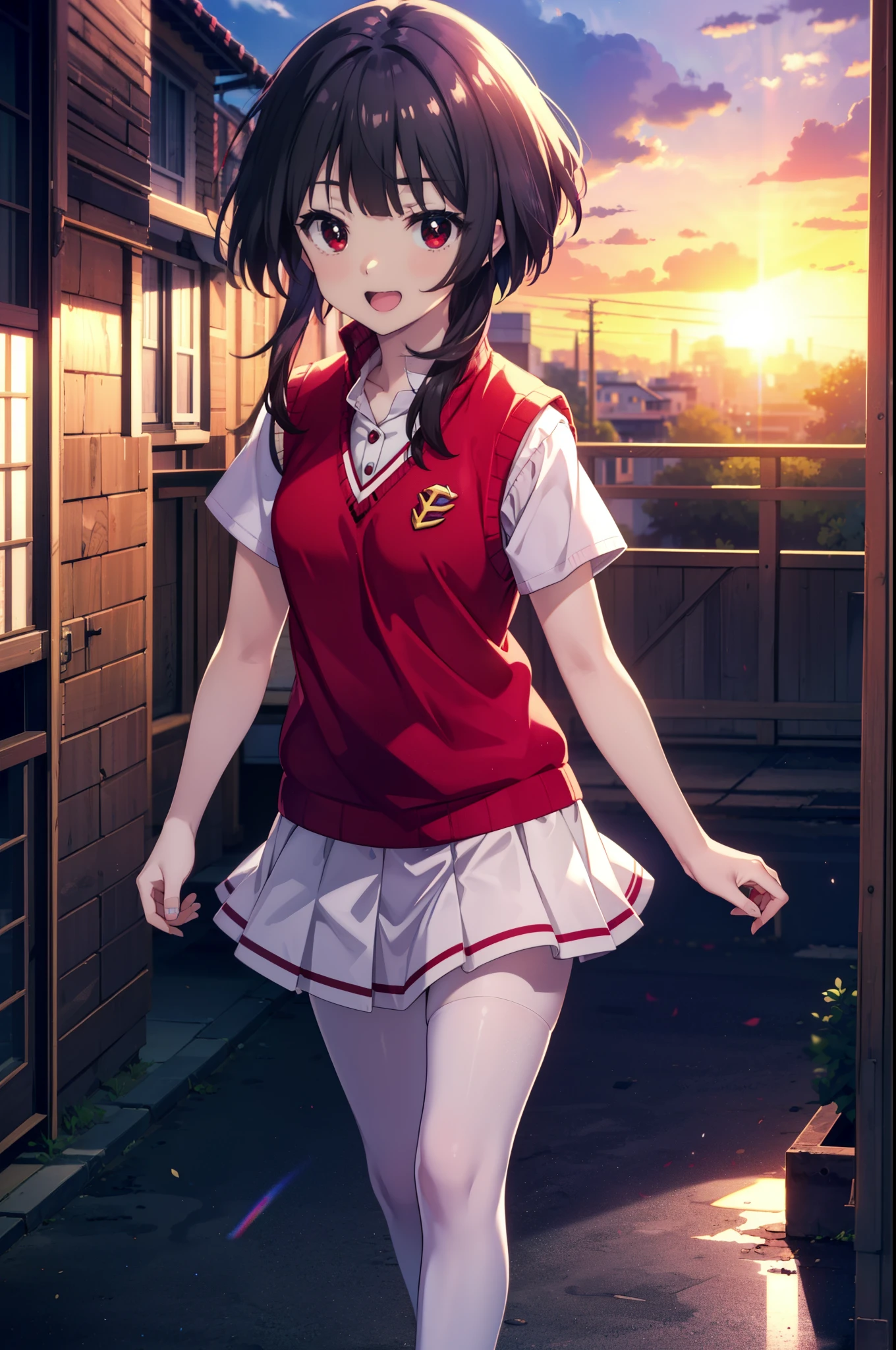 konosubaMegumin, Megumin, short hair, Black Hair, (Red eyes:1.3), short hair with long locks,happy smile, smile, Open your mouth,
White Sailor Suit,Short sleeve,Sweater vest, (red Sweater vest:1.5),White Thailand,black pleated skirt,White pantyhose,Black Loafers,whole bodyがイラストに入るように,morning,morning陽,The sun is rising,Walking,
break outdoor, In town,Building district,crowd, people々々々,
break looking at viewer, whole body,
break (masterpiece:1.2), highest quality, High resolution, unity 8k wallpaper, (shape:0.8), (Beautiful and beautiful eyes:1.6), Highly detailed face, Perfect lighting, Extremely detailed CG, (Perfect hands, Perfect Anatomy),