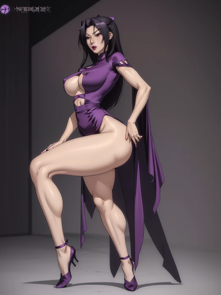 solo, full body, 42-year-old female, chinese, korean, lipstick, black hair, toned, big breasts, (big thighs, wide hips, thick thighs, big hips, athletic waist, small waist, barely visible abs), purple satin short dress, short dress, long hair, high quality, highres