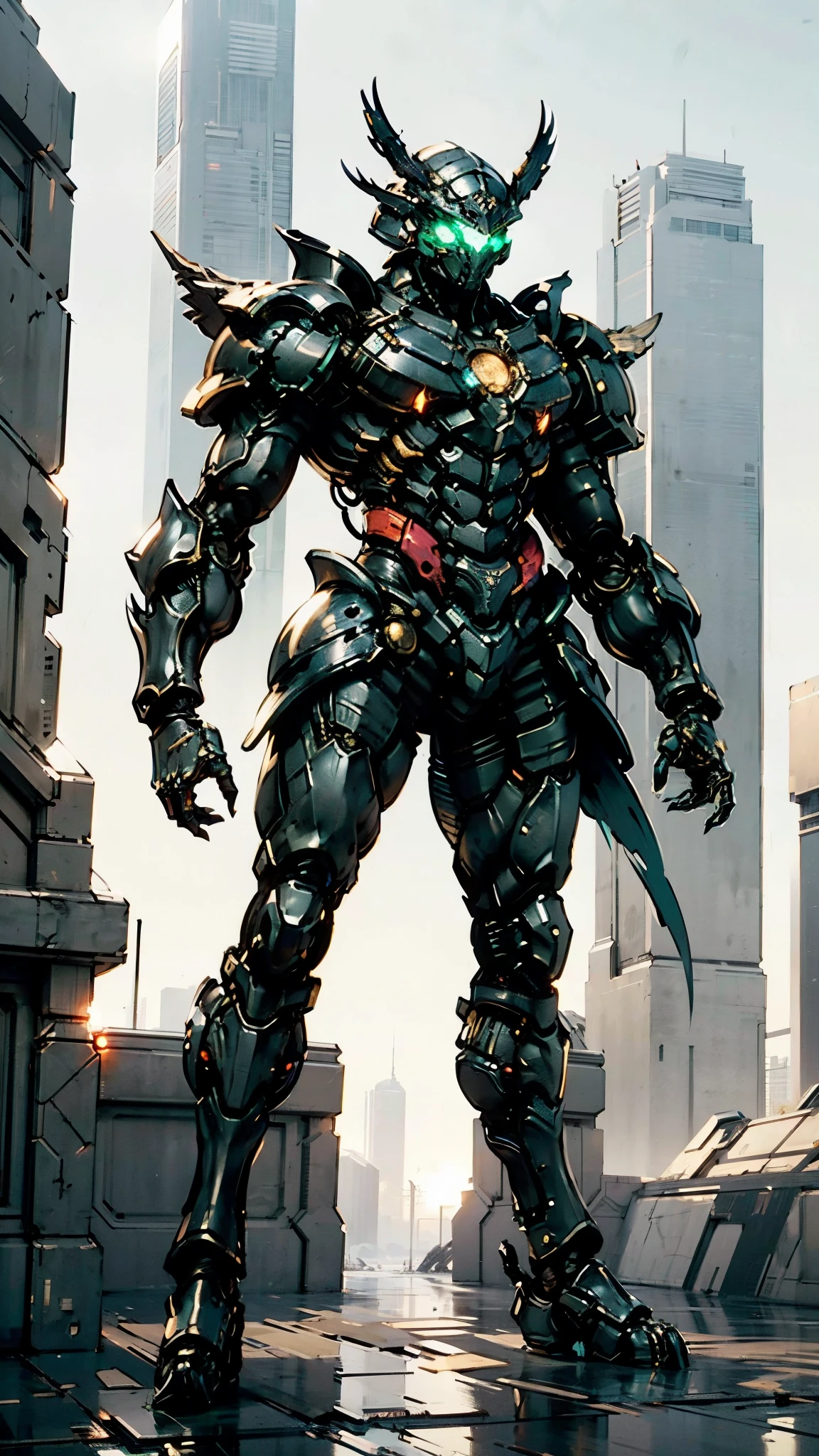 A man wearing a full-face helmet, a fantasy-style biotech armored combat suit, green eyes, (a composite layered chest armor), fully enclosed shoulder guards, matching arm and leg guards, the belt is adorned with Beetle-shaped gem, (the color scheme is primarily black with red accents), the design balances heavy with agility, a high-tech bio-mecha armor, (Armor Concept Inspired by Dynastinae, stand on the top of a skyscraper in a futuristic sci-fi city), this character embodies a finely crafted fantasy-surreal style armored hero in anime style, exquisite and mature manga art style, (element, plasma, energy, the armor glows), ((male:1.5)), metallic, real texture material, dramatic, high definition, best quality, highres, ultra-detailed, ultra-fine painting, extremely delicate, professional, perfect body proportions, golden ratio, anatomically correct, symmetrical face, extremely detailed eyes and face, high quality eyes, creativity, RAW photo, UHD, 32k, Natural light, cinematic lighting, masterpiece-anatomy-perfect, masterpiece:1.5