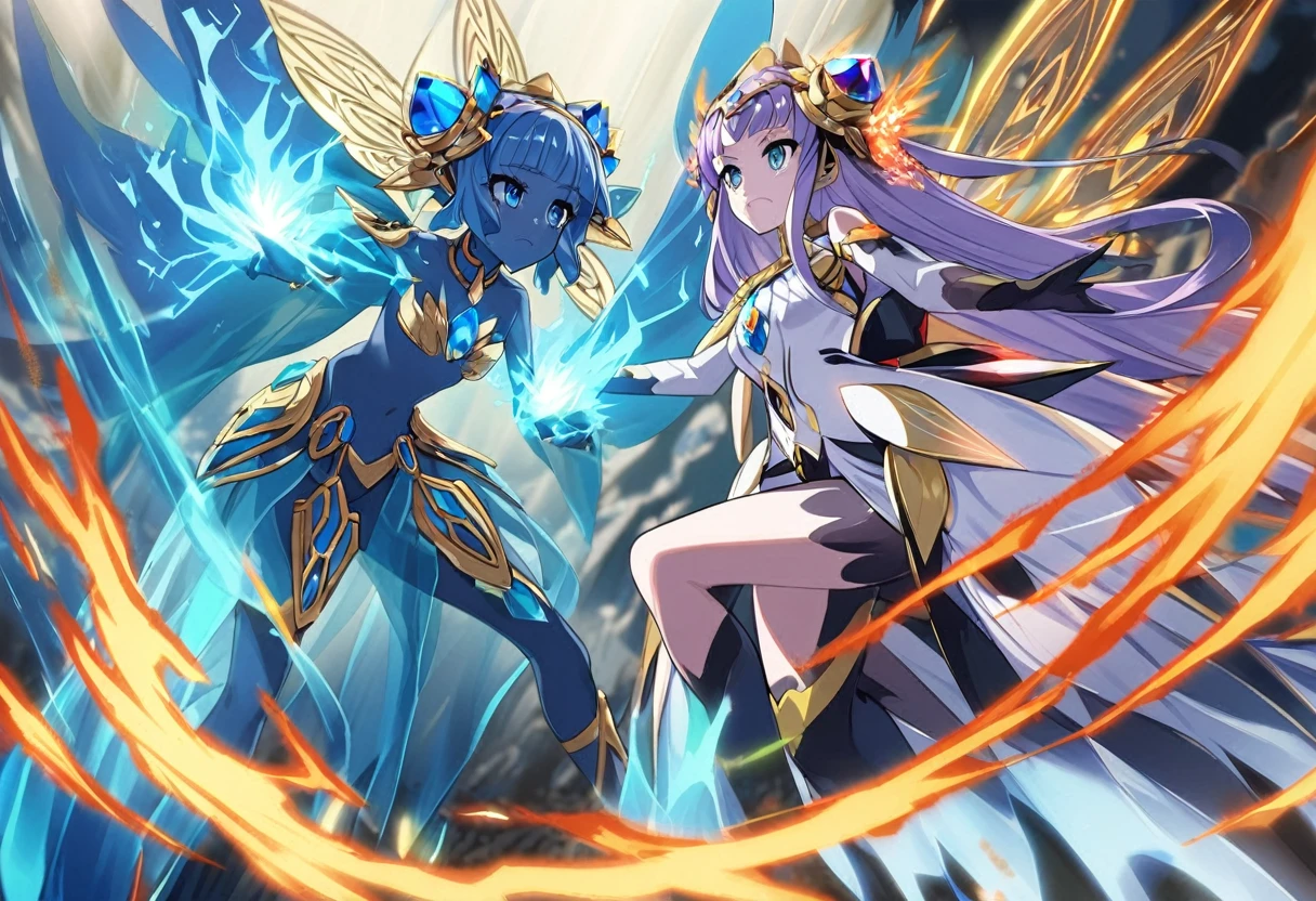 (2 subjects) (Subject 1: Cryptic girl in an action pose descending from the sky) and her companion (subject 2: a blue skinned water nymph, jewel adorned) combine their powers to fire an energy