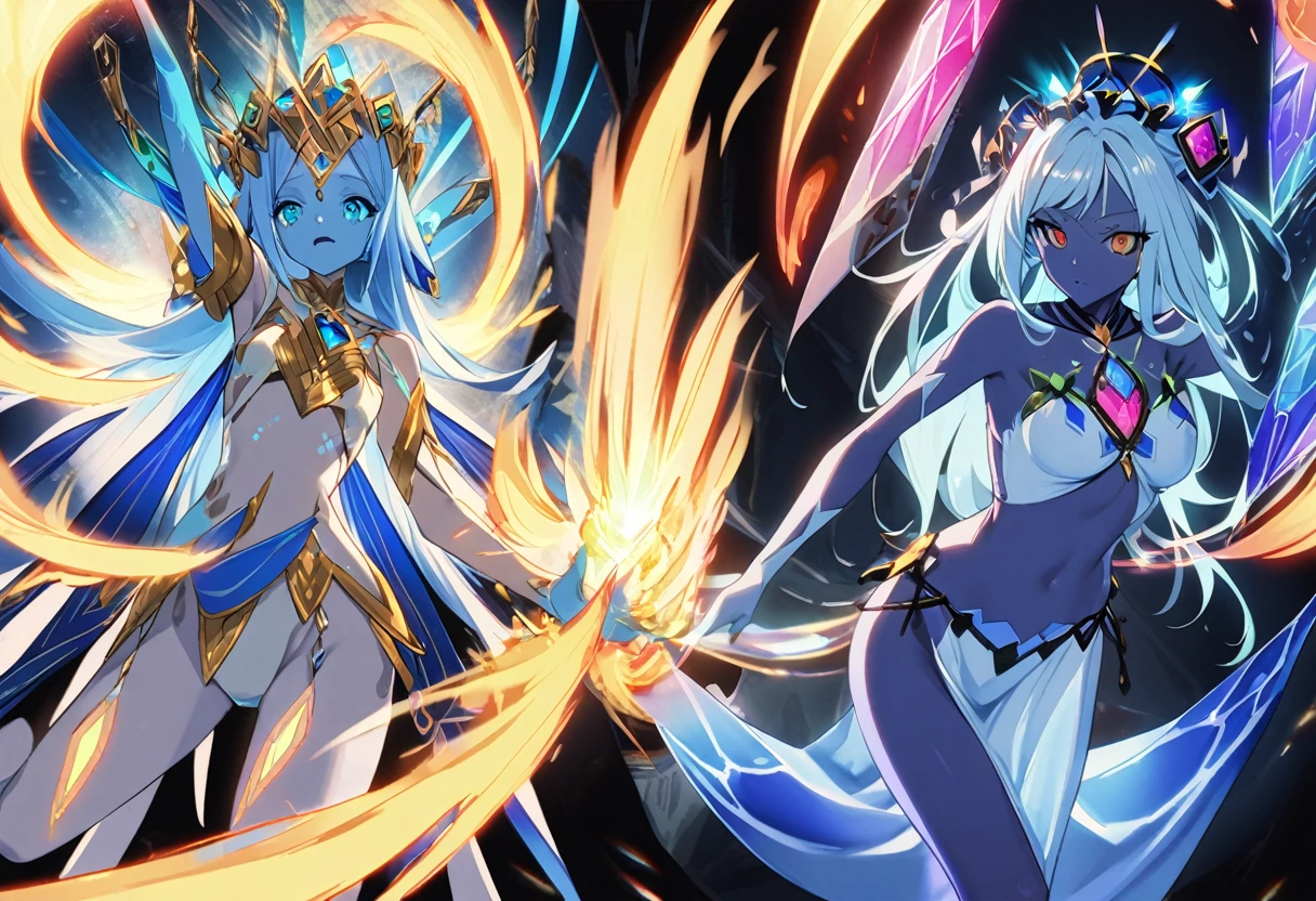 (2 subjects) (Subject 1: Cryptic girl in an action pose descending from the sky) and her companion (subject 2: a blue skinned water nymph, jewel adorned) combine their powers to fire an energy