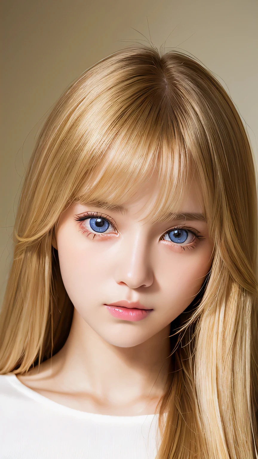 Beautiful super long straight silky hair with a dazzling golden shine、Bright expression、Blonde girl posing in a white top、Long golden bangs between the eyes,,、Glossy fair skin、Glowing Cheeks、Reality Girls、16-year-old girl、Beautiful girl with shining golden platinum blonde、Beautiful big bright blue eyes