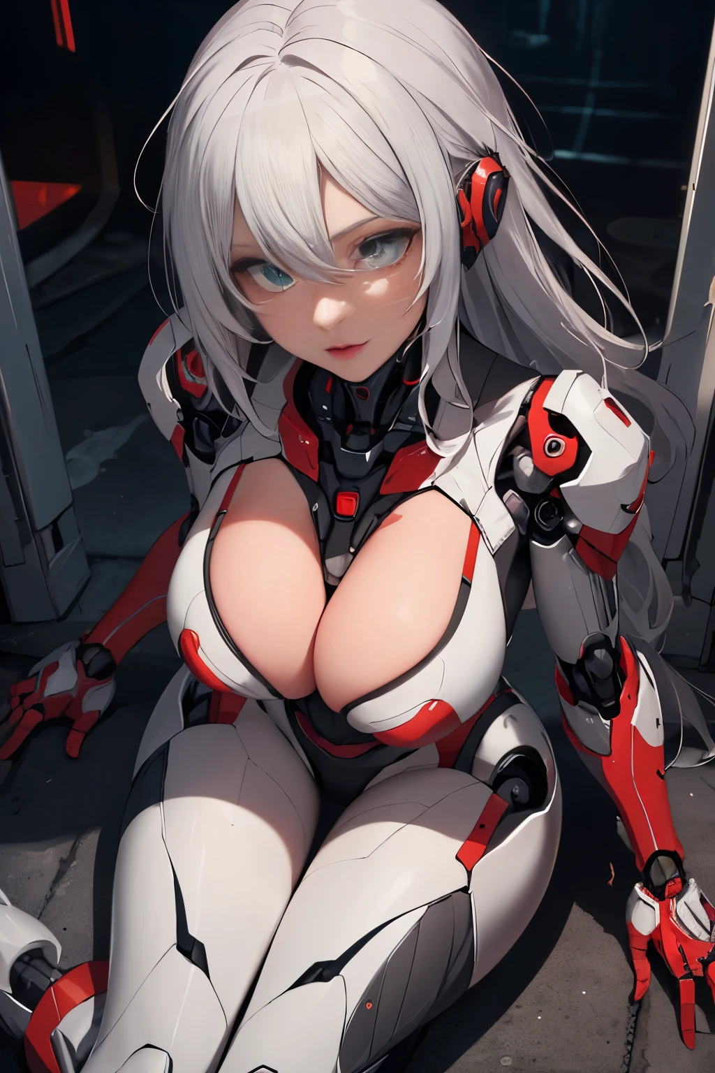 ((best quality)), ((masterpiece)), ((detailed eyes and face)), perfect face, female, gamer girl, aqua eyes, half-robot half-human, sex doll, large breasts, cherry-red lips, silver hair, long hair, robot prosthetic legs, thighs exposed, she has a white and red color theme, POV view from above, outside at night at an ally way, she is sitting on the ground